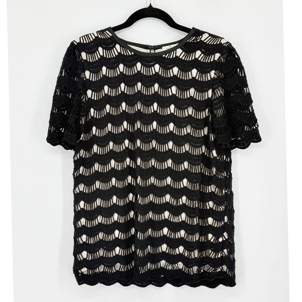 Kate Spade Womens Crochet Lace Overlay Black Short Sleeve Tunic Office Chic Long